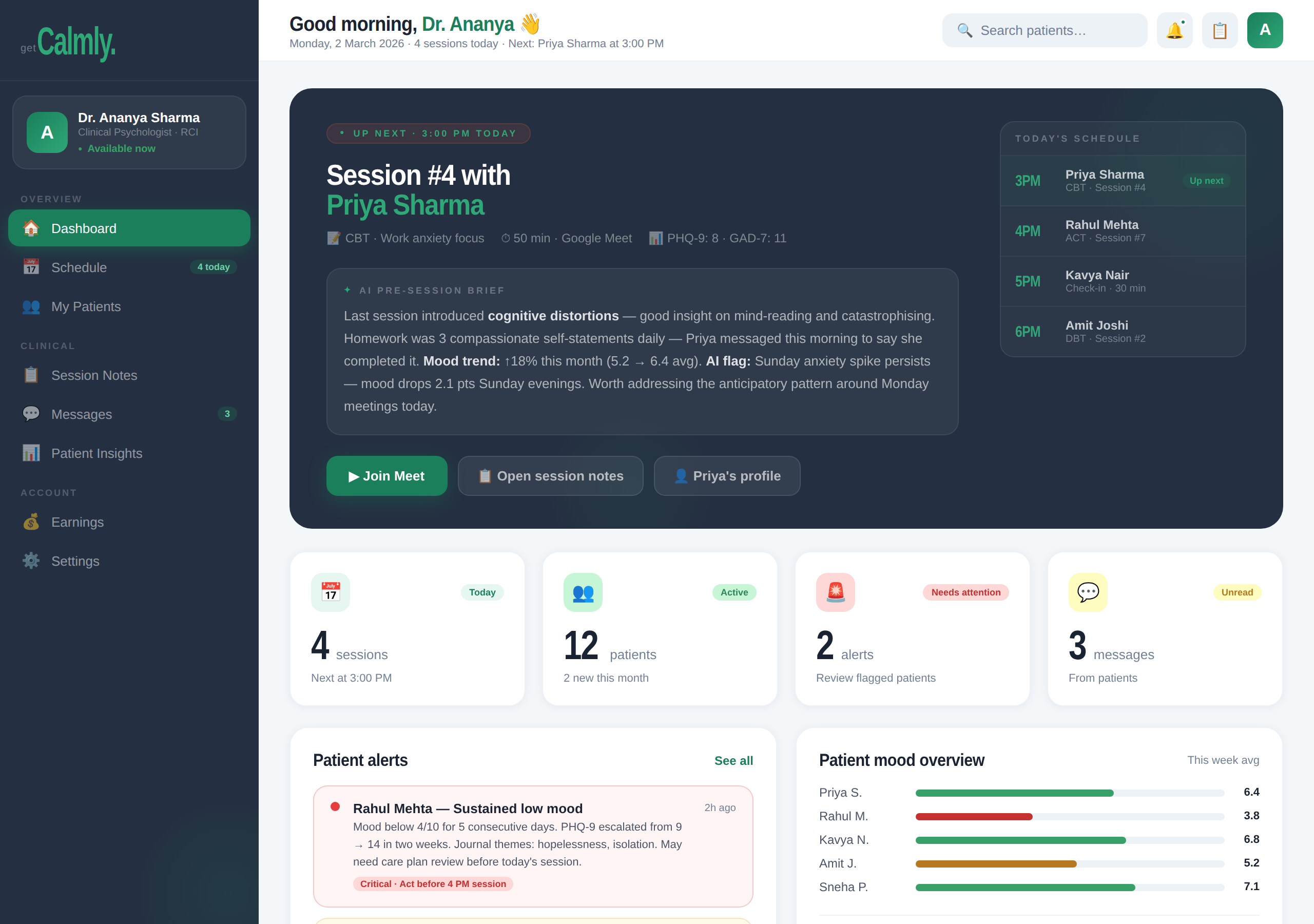 getCalmly therapist dashboard