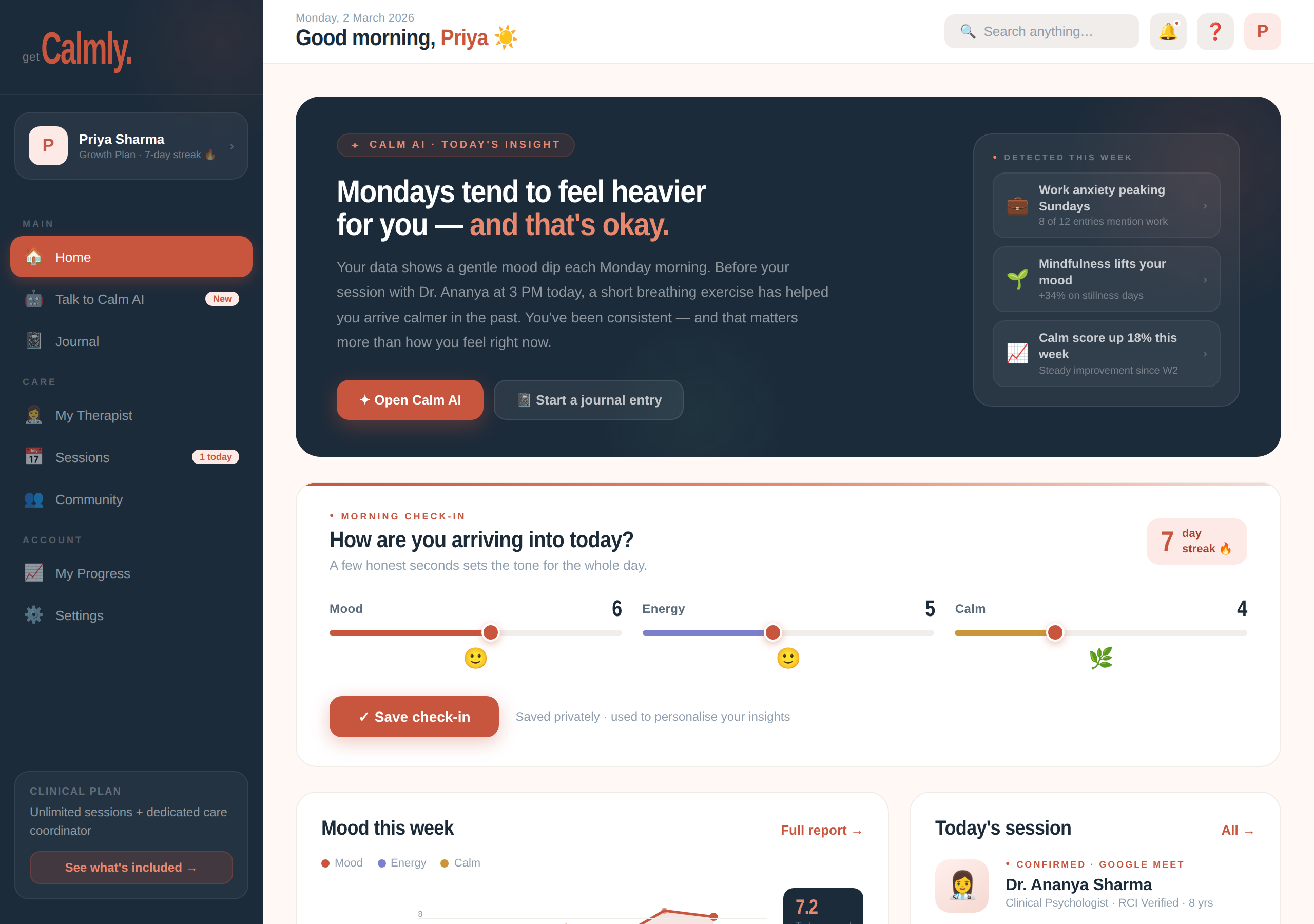 getCalmly patient dashboard